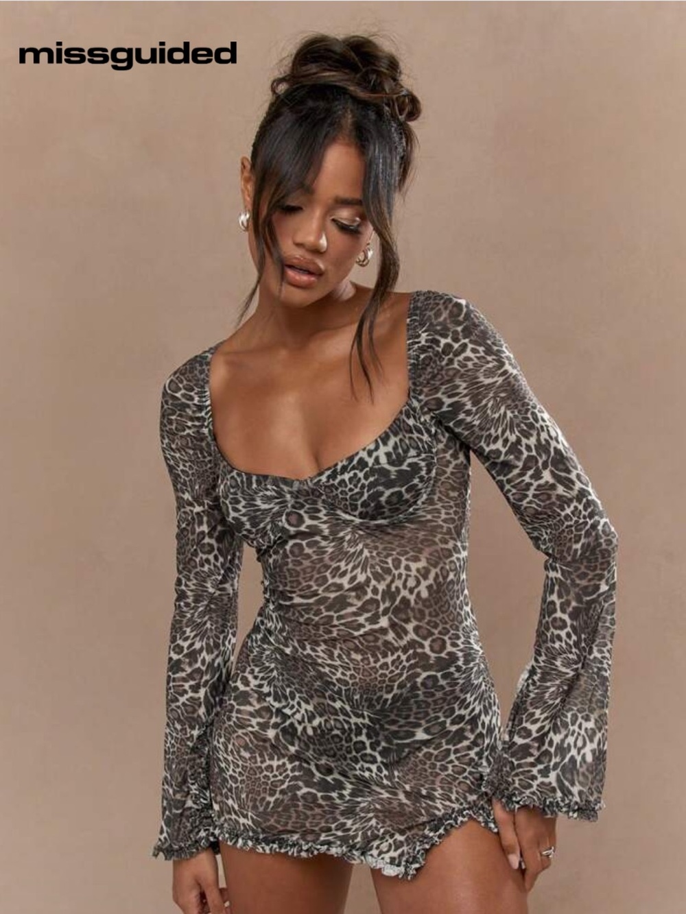 Missguided Brown Leopard Print Long Sleeve Mini Dress